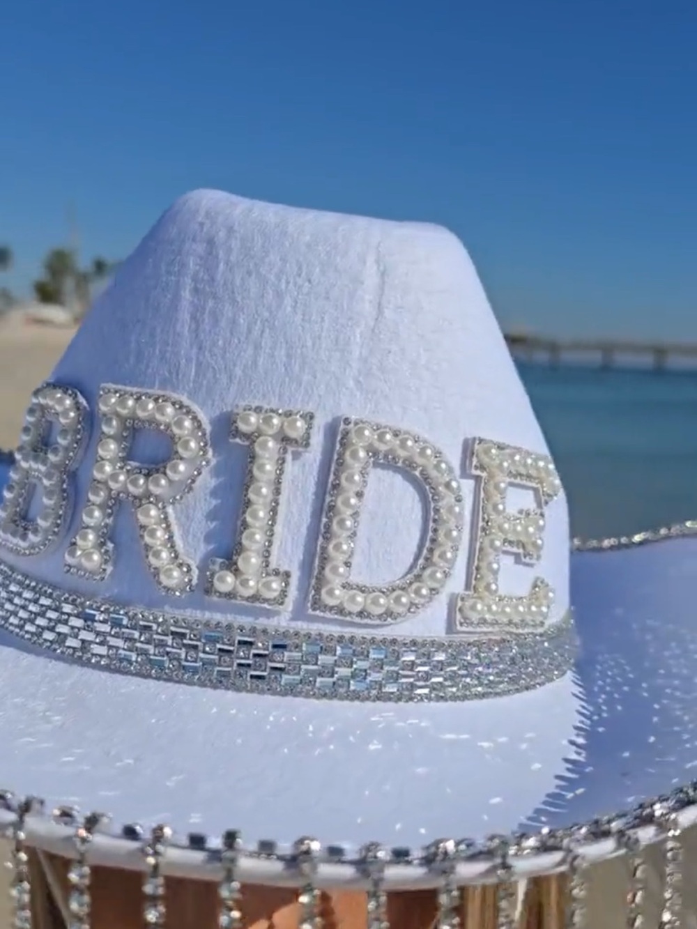 White Embellished 'BRIDE' Cowboy Hat with Pearls